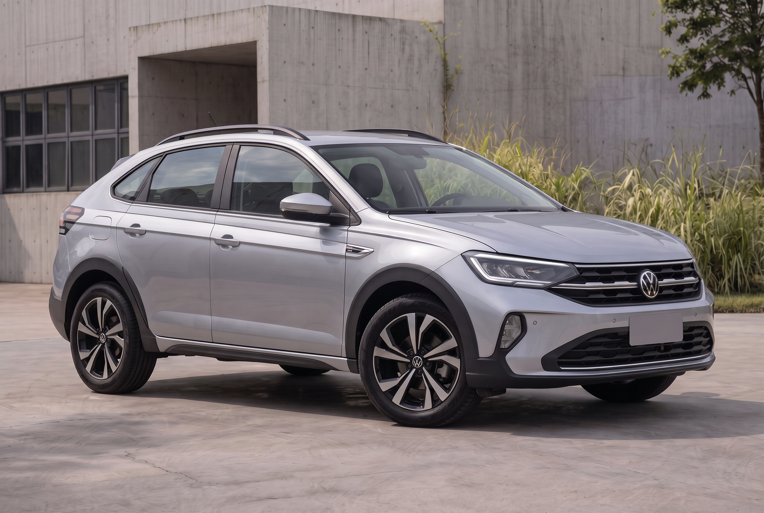 Volkswagen Nivus Highline Prata Sirius, visto de frente e lateral a 45 graus — imagem ilustrativa baseada nas referências enviadas